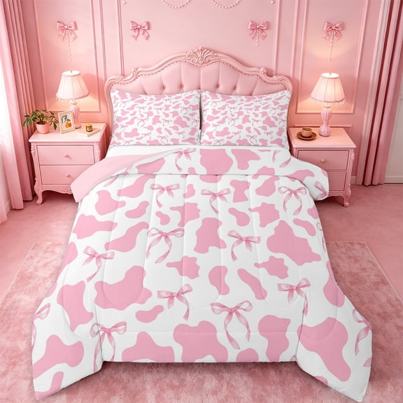 meiyoeat Pink Cow Print Full Size Comforter Sets,Girly Bow Bedding Comforter Set For Girl,Reversible,3-Piece,1 Comforter and 2 Pillowcases