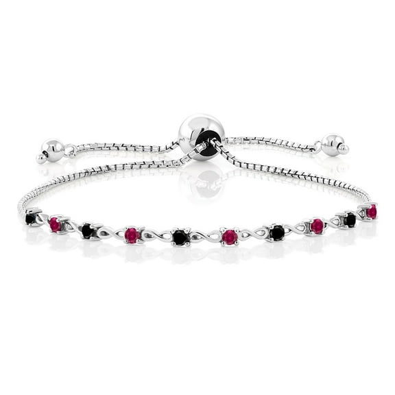 Gem Stone King 0.63 Ct Round Black Diamond Red Created Ruby 925 Sterling Silver Bracelet for Women