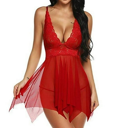 YCNYCHCHY Nightgowns Sleepshirts Women Mini Nightie Lingerie Sexy Lace see through Night dress women elegant red deep v sleepwear