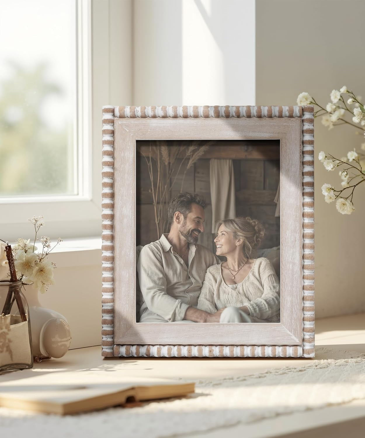 Afuly 8X10 Farmhouse Picture Frame Bohemian White Beads Photo Frame Wooden Worn Wall Mounted Tabletop Vertical Decoration Gift for Family, Couple, Friends
