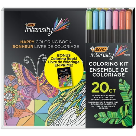 BIC Intensity Fineliner 0.4mm  Assorted Color Marker Pens  20 Count with Coloring Book