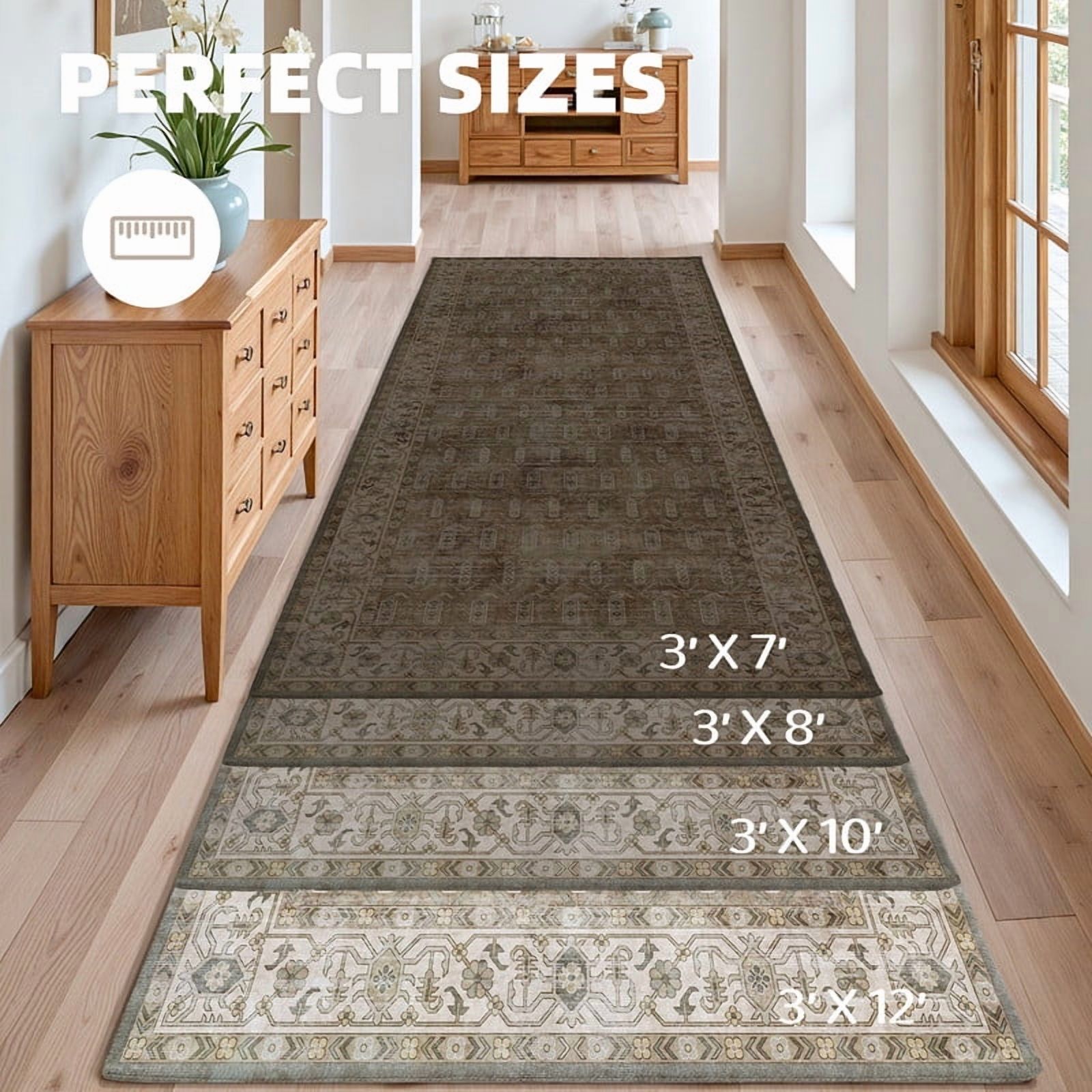 PABUBE Vintage Runner Rug, Non Slip Machine Washable Fade Resistan, 3'x12'