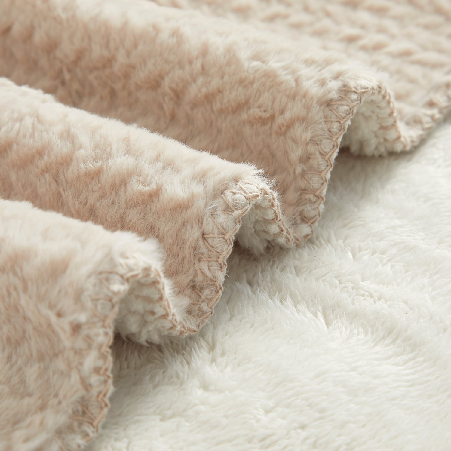 Dearfoams Reversible Embossed Faux Fur to Faux Shearling Oversized Couch Throw Blanket, Beige, 50 x 70 in