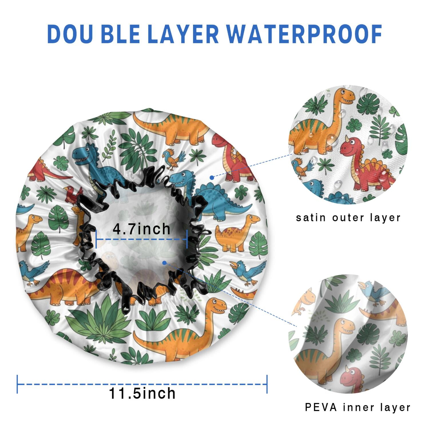 Shower Caps,White Colorful Dinosaurs Jungle Pattern Waterproof Shower Cap for Women 4 Pieces,Double Reusable Hair Cover for Shower PEVA Elastic Stretch Hem
