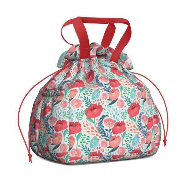 Pioneer Flower Drawstring Lunch Bag Women - Drawstring Lunch Bag Insulated for Work Office - Stain-Resistant Large Lunchbags for Women with Multi-Pockets