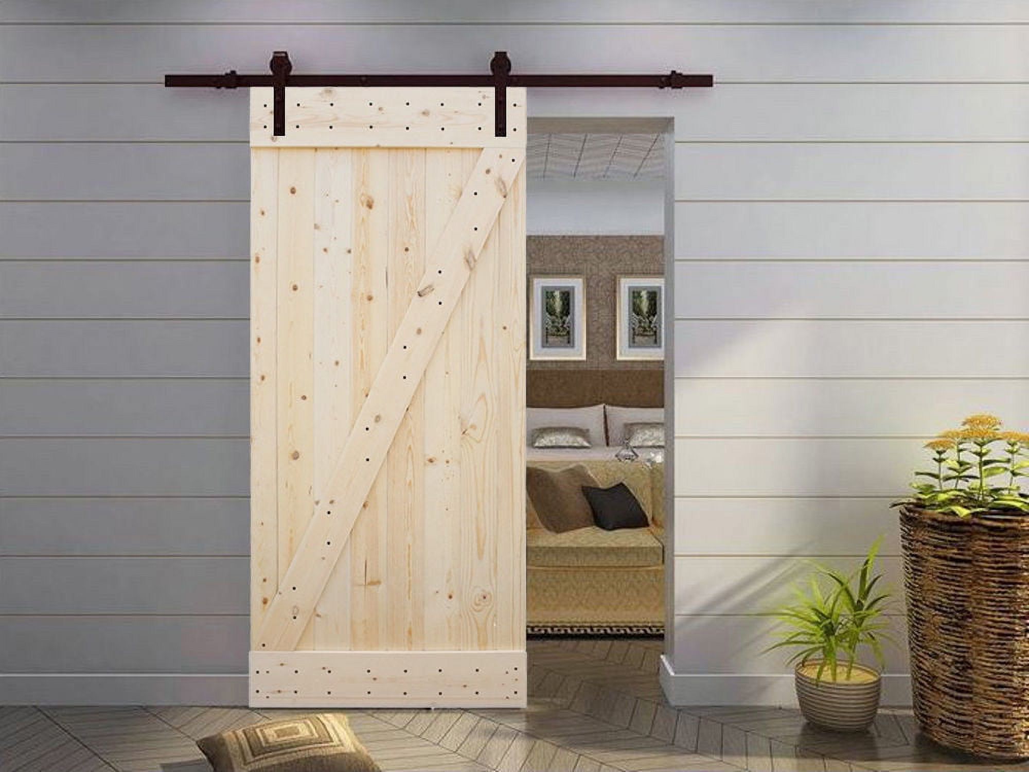 CALHOME 38 in. x 84 in. Z-Bar Unfinished Knotty Pine Wooden Sliding Barn Door with Sliding Door Hardware Kit