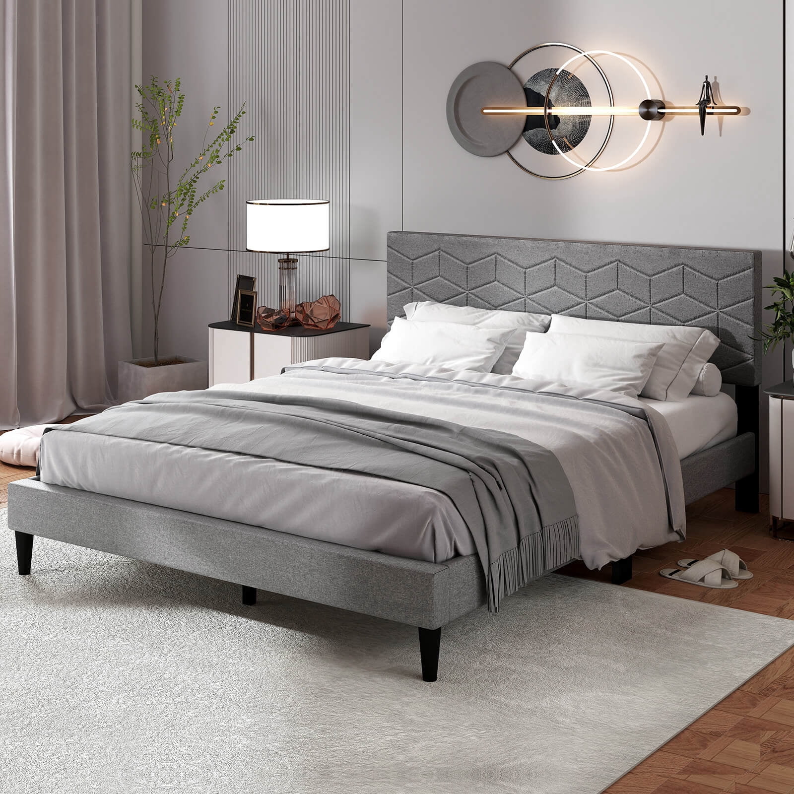 Infans Queen Size Bed Frame w/Linen Fabric Upholstered Headboard & Wooden Slat Support