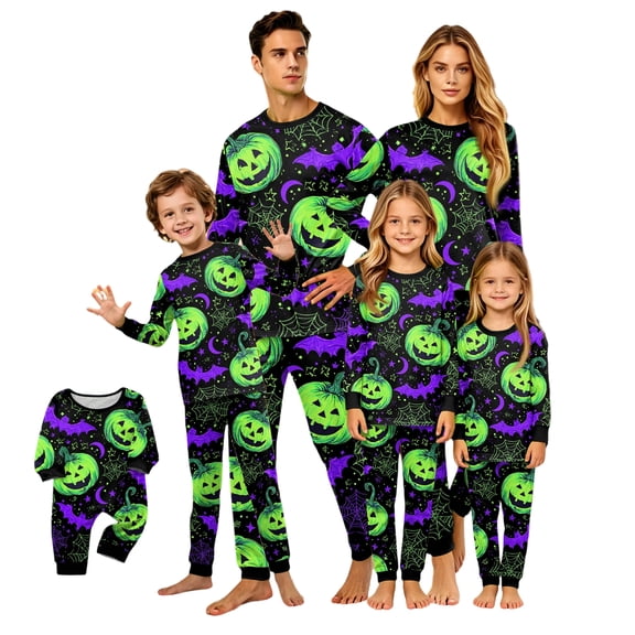 Halloween Pajamas, Halloween Matching Family Pajamas Green Pumpkin Bat Print Long Sleeve 2Pcs Pj Set Soft Sleepwear Nightwear Loungewear Holiday Party Costume Festive Cool Spooky Season for Family