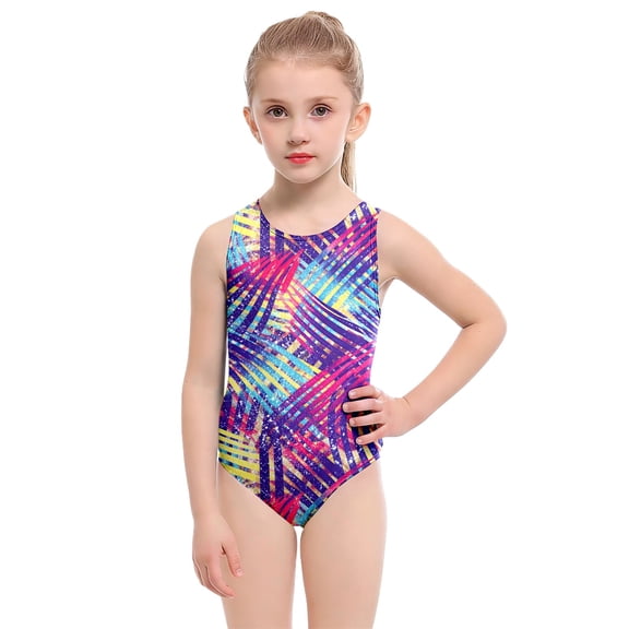 NAFUU Kids Girls Summer Swimsuit Colorful Triangle Prints Sleeveless O-Neck Training Swimwear Comfortable Breathable Outdoor Wear Plus Size Bathing Suit For Girl Sizes 9-10 Years