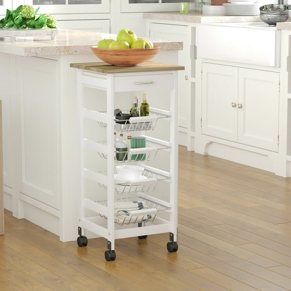 HOMCOM Rolling Kitchen Cart on Wheels with Drawer and 4 Wire Baskets White