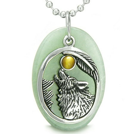 - Amulet Howling Wolf Moon Charm Green Quartz Tiger Eye Pendant 22 Inch Necklace