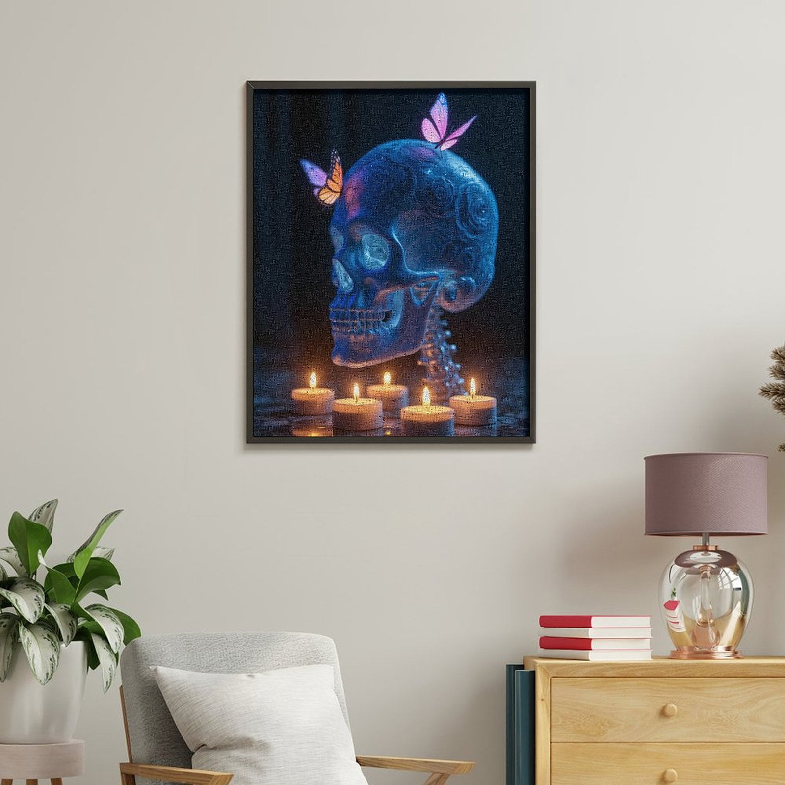 Paint By Numbers Kit for Adults Beginner - Blue Skull Butterflies Candle Glow DIY Canvas Painting Kits for Adults, Frameless Paint By Number for Adults for Home Wall Decor 16x20 Inch
