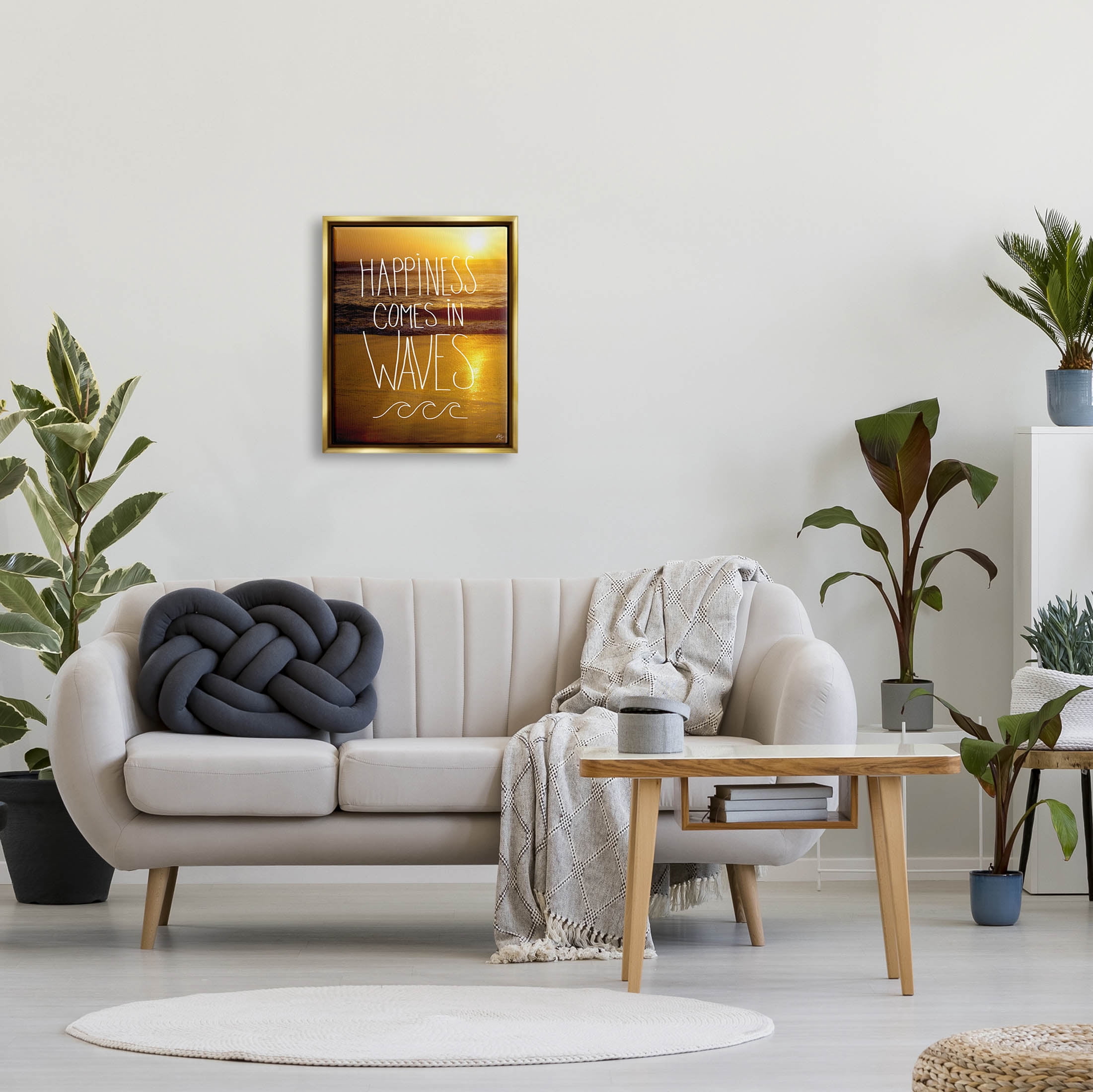 Stupell Industries Happiness Comes In Waves Phrase Graphic Art Metallic Gold Floating Framed Canvas Print Wall Art, Design by K. Kaufman