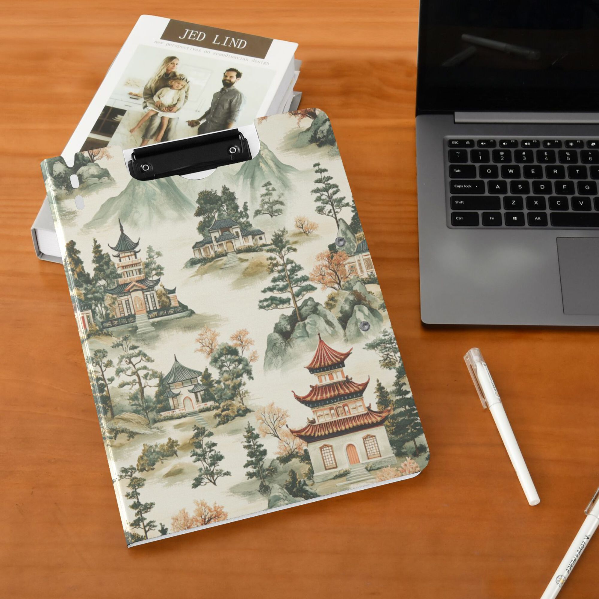 FORMRS A4 Clipboard Folder with Pen Holder Horizontal Foldable School Office Binder, Green Mountain Pattern