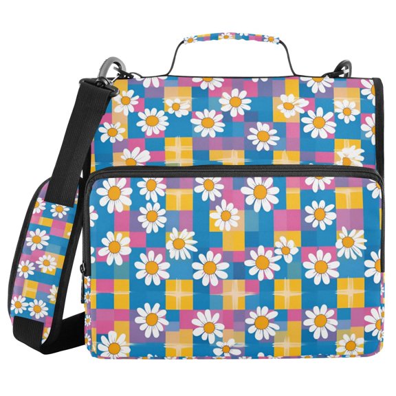 FORMRS Zipper Binder with Shoulder Strap 2-inch Ring 500 Sheet Capacity File Bag, Blue Checkered Daisy