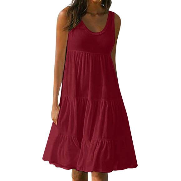 B91xZ Beach Dresses for Women Sleeveless Crewneck High Waist A-Line Tiered Flowy Short Shift Mini Dress,Wine XXL