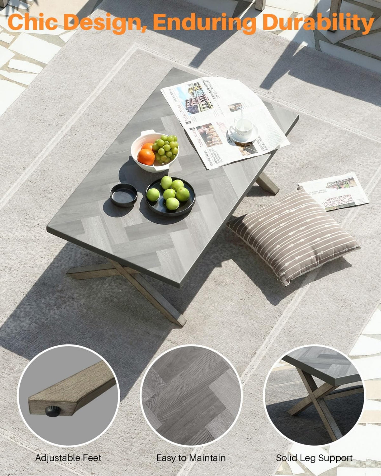 Aluminum Outdoor Coffee Table, Never Rust Rectangular Patio Coffee Table with Resin Top, All-Weather Outdoor Furniture Table for Patio, Poolside, Garden, Balcony, Porch, Dark Gray