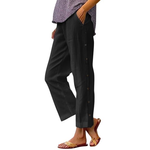 LEKODE Petite Linen Pants for Women Ankle Length Straight Leg Cropped Pants Elastic Waist Summer Casual Pants with Pockets Black L