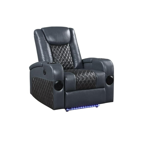 Acme Furniture Recliner w/Bluetooth Speaker & Cooling Cup Holder, Blue & Black Leather Aire