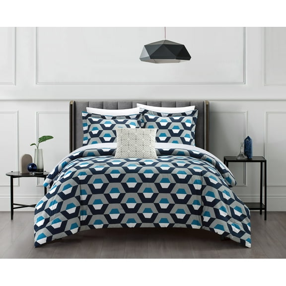Chic Home Miles 6 Piece Comforter Set Contemporary Geometric Hexagon Pattern Print Design Bed In A Bag Bedding - Sheets Pillowcase Decorative Pillow Sham Included, Twin, Blue