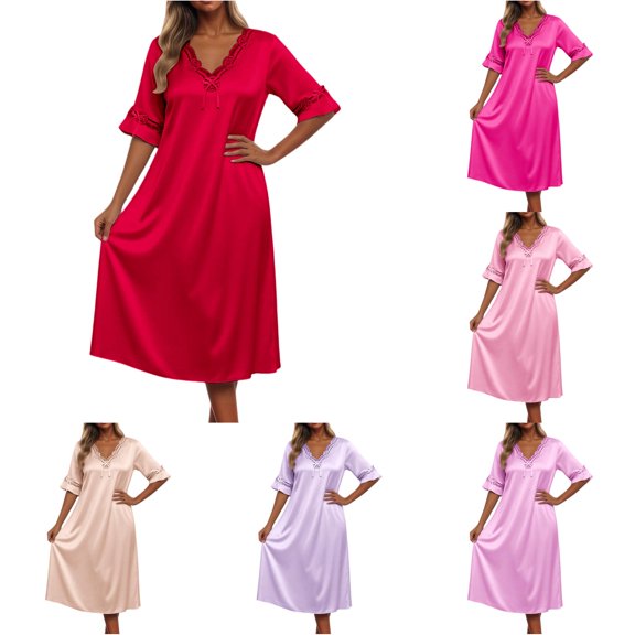 TIANZEN Women's Solid Color Ice Silk Short Sleeved Midi Length Loose Nightgown With Lace Sleeves Comfy Sleep Shirts Women