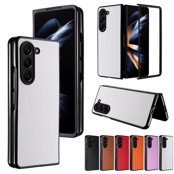 Case for Samsung Galaxy Z Fold 5, PU Vegan Leather Back & Hard PC Bumper Wireless Charging Shockpoof Protective Slim Anti-Scratch Phone Case for Samsung Galaxy Z Fold 5 - White