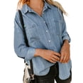 thumbnail image 1 of Txlixc Blusa vaquera de moda femenina, solapa de color sólido, botón de manga larga, blusa vaquera suelta Txlixc moda, 1 of 3