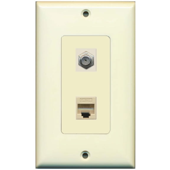RiteAV - 1 Port Coax Port Cable TV F Type - 1 Port Cat5e Ethernet Decorative Wall Plate - Light Almond - Bracket Included