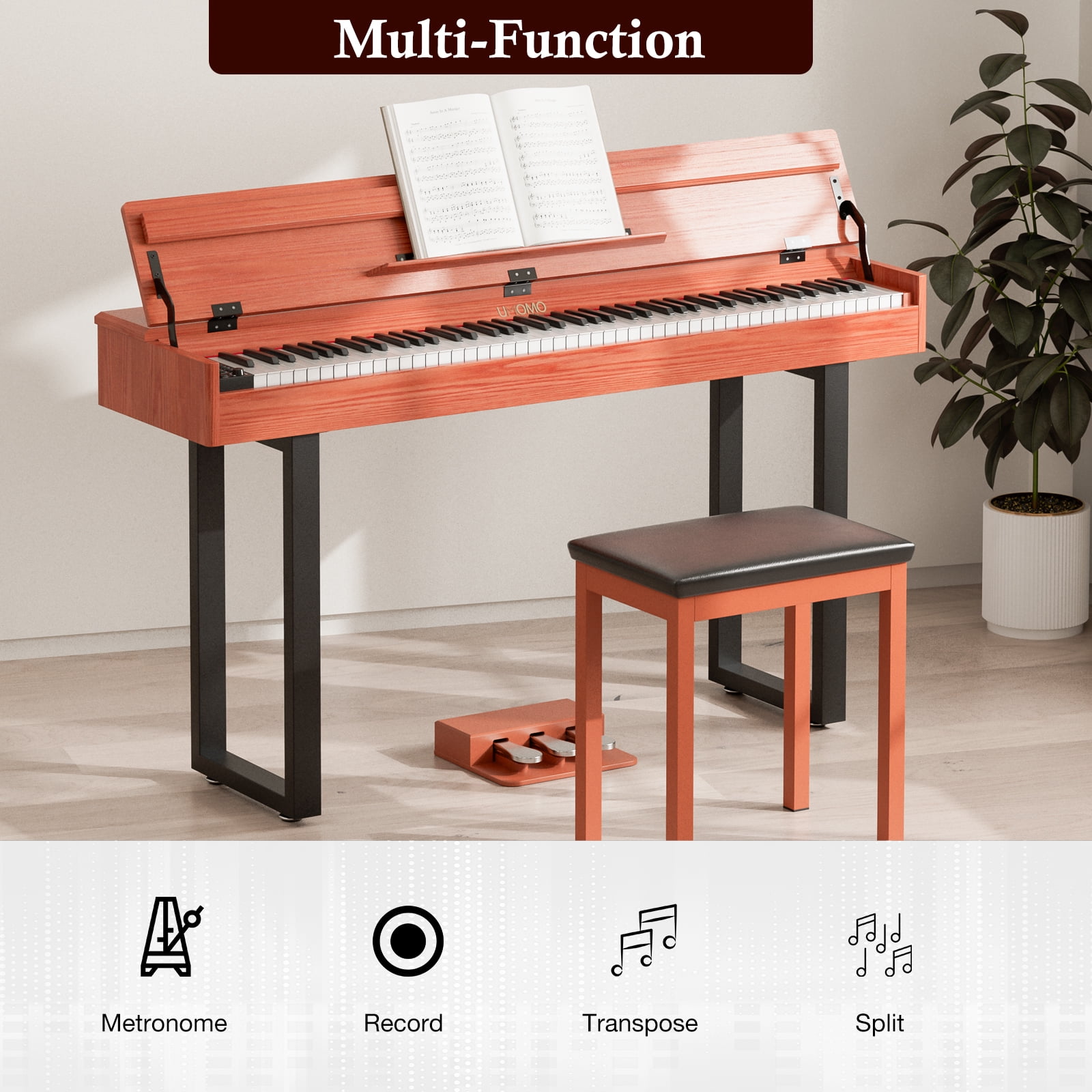 UMOMO 88 Weighted Key Digital Piano with Metal Stand, Beginner Keyboard Piano with Piano Bench, Full Size Heavy Hammer Weighted Action Electric Piano Keyboard with USB MIDI, Brown