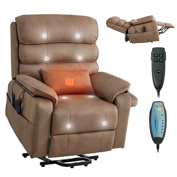 VEVOR Power Lift Recliner Chair, Dual Motor, Medium Wide Electric Lift Chair with Heat and Massage for Elderly, Infinite Position Adjustment, Leather Surface, with Storage Pocket, Cup Holder, Brown