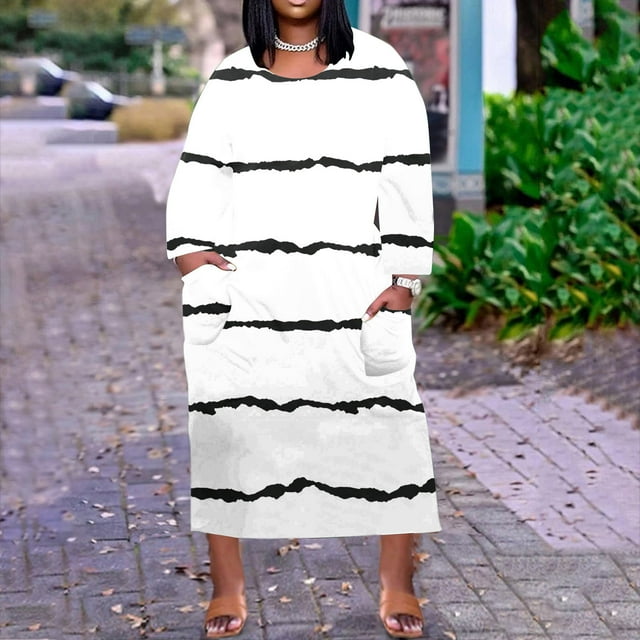 LSLJS Plus Size Dress For Women Round-Neck Robes d'Été Décontractées avec Poches et Genou Long Sleeve