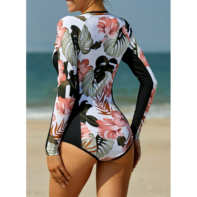 FARYSAYS Women's Rashguard Long Sleeve Zip Floral Print One Piece Swimsuit  Swimwear Bathing Suits 