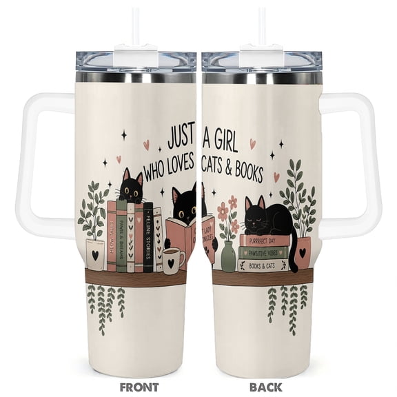 40oz Cat and Book Lover Insulated Tumbler with Handle and Straw Lid Travel Coffee Cup Gift for Readers