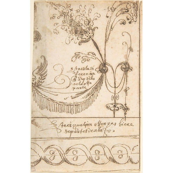Design for Grotesque Ornament, with Fragment of Border Decoration Below Poster Print by attributed to Andr̩s de Melgar (Spanish, documented S. Domingo de la Calzada, died after 1554) (18 x 24)