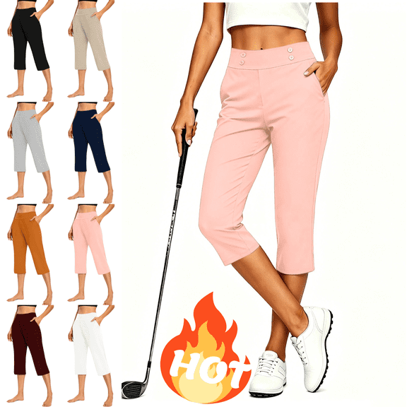 Mifsaly Womens Capri Pants Golf High Waist Casual Capris Stretch Lightweight Quick Dry Athletic Cropped Trousers with Side Pockets Pink,XL
