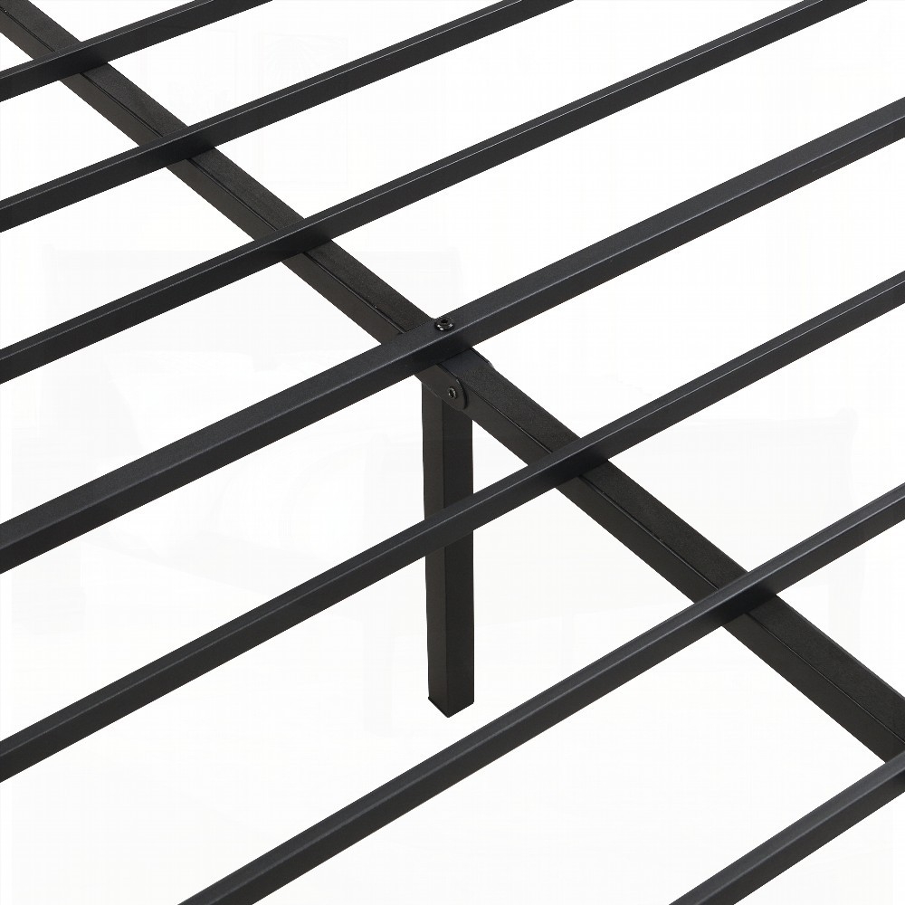 King Size Metal Platform Bedframe with Wood Panel Headboard, Black, for Bedroom