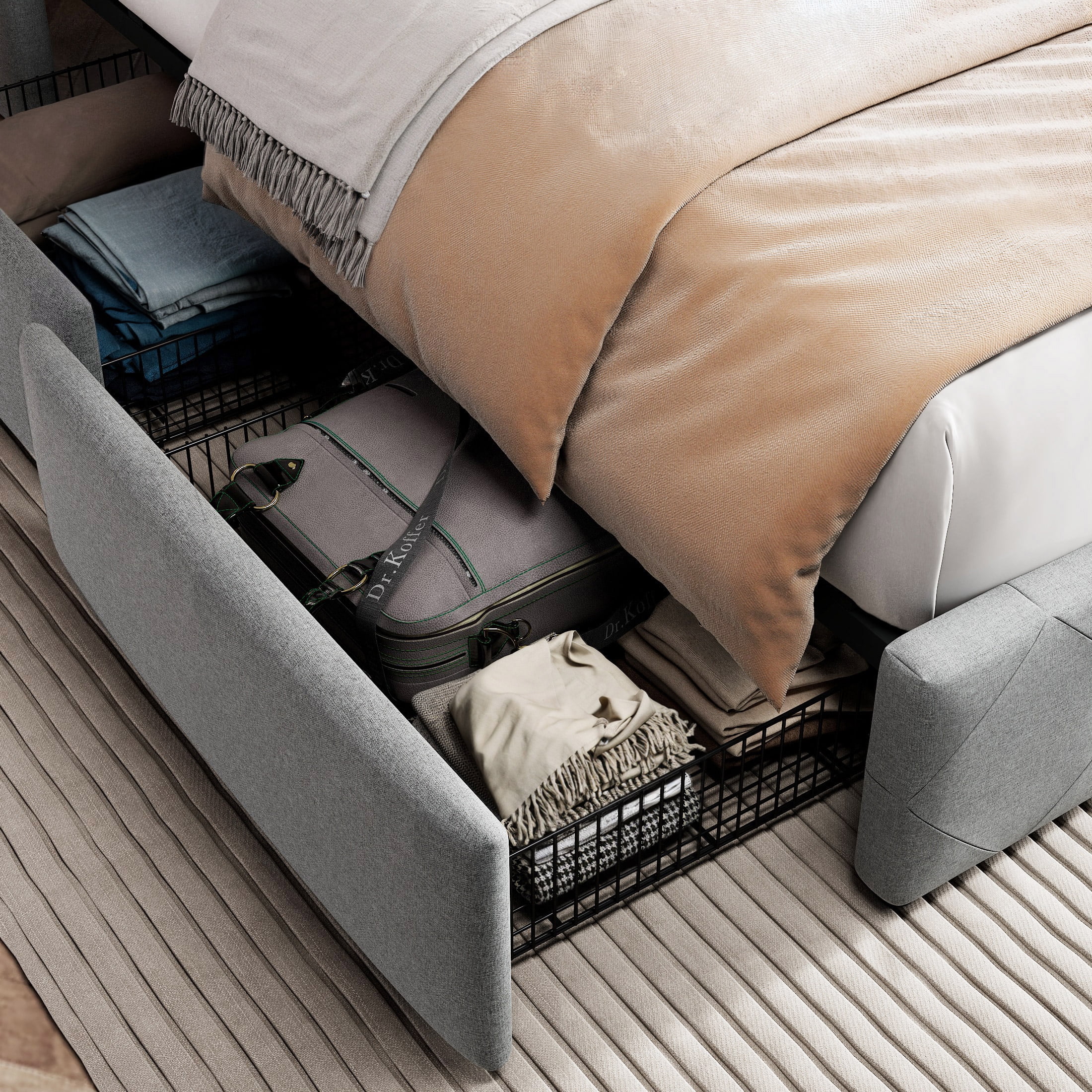 Amolife Full Size Upholstered Platform Bed Frame with 4 Storage Drawers & Fabric Tufted Wingback Headboard, Light Gray