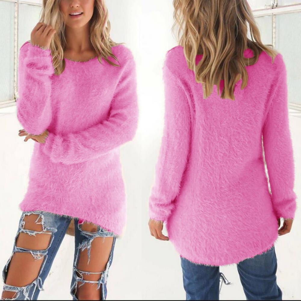Kvindesolid Farve Casual Fleece Fluffy Crewneck Langærmet Mode Sweatshirts Toppe Pullovere