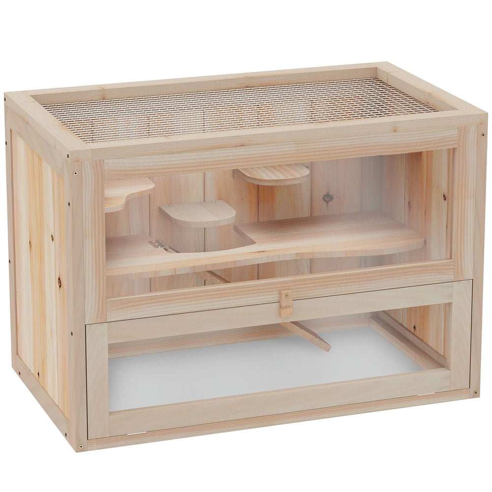 Barara King 2-Level Hamster Cage Mice and Rat House, Small Animal Habitat for Guinea Pigs, Chinchillas with Openable Top, Front Door, Shelf and Ladder, Natural