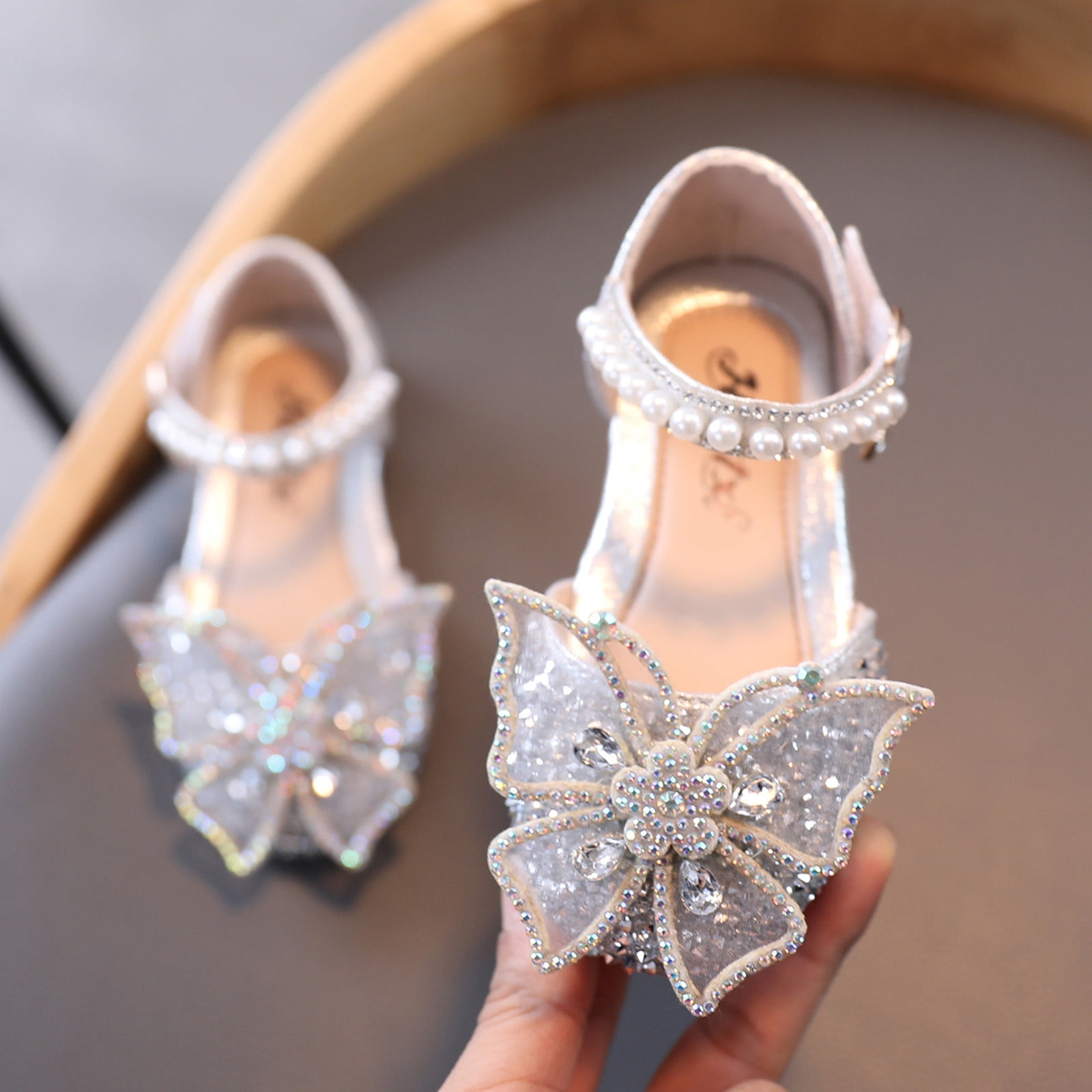 Fashion Baby Girls Pearl Crystal Bling Bordered Bowknot Single Princess Shoes 