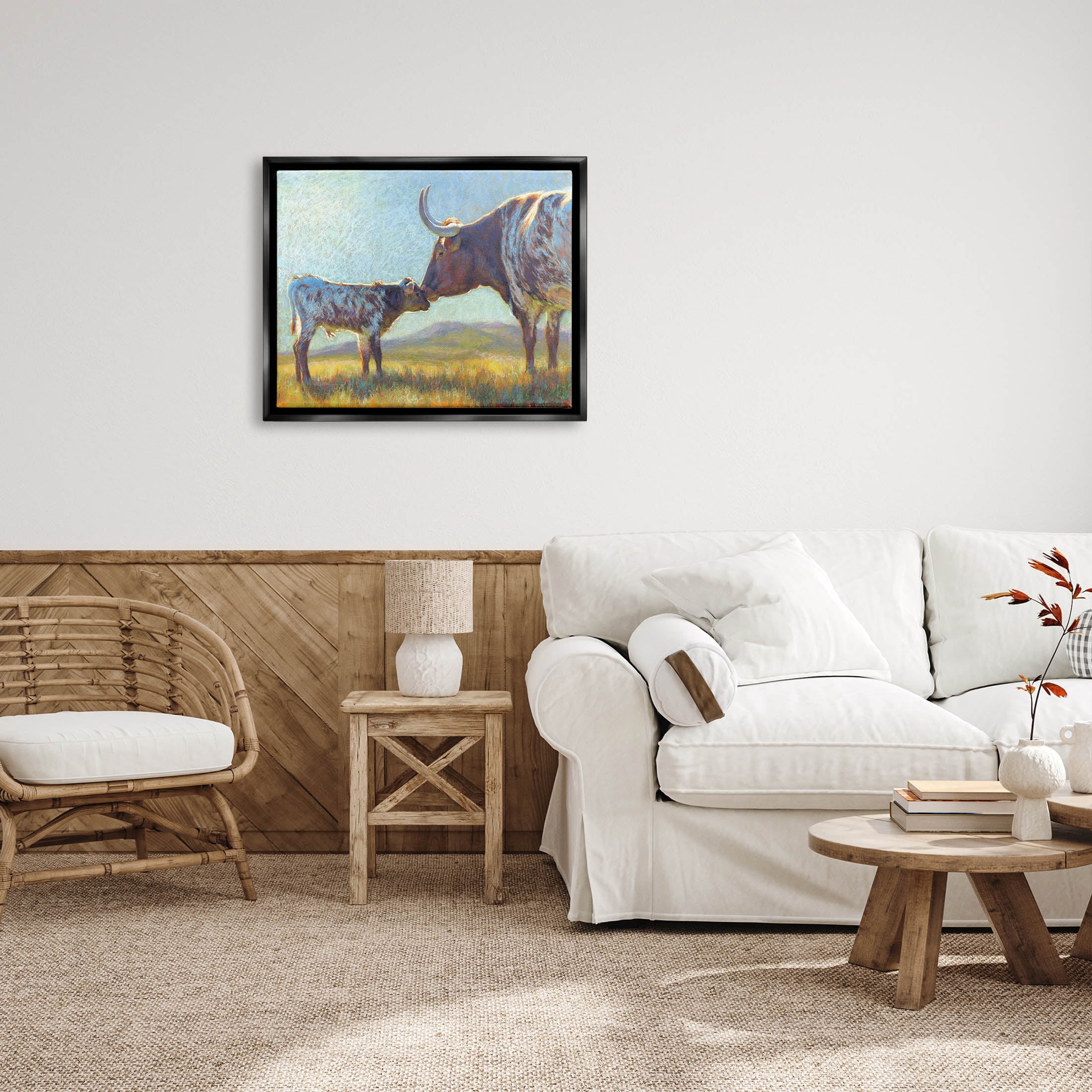 Mother Cattle Calf Sunlit Farm Animals & Insects Painting Jet Black Framed Art Print Wall Art