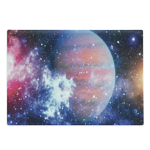 Astral Cutting Board, Abstract Outer Space Themed Illustration with Vivid Stars Nebula and Galactic Planet, Decorative Tempered Glass Cutting and Serving Board, in 3 Sizes, by Ambesonne