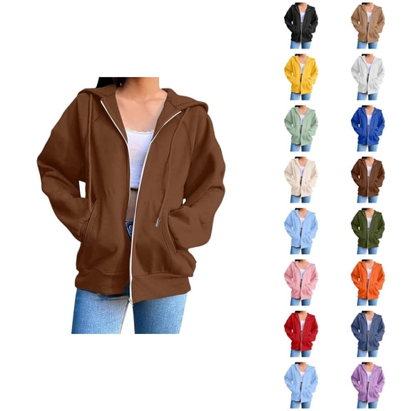Hooded Jacket for Women with Pockets Long Sleeve Casual Zip Up Sweatshirt Cardigan Outerwear