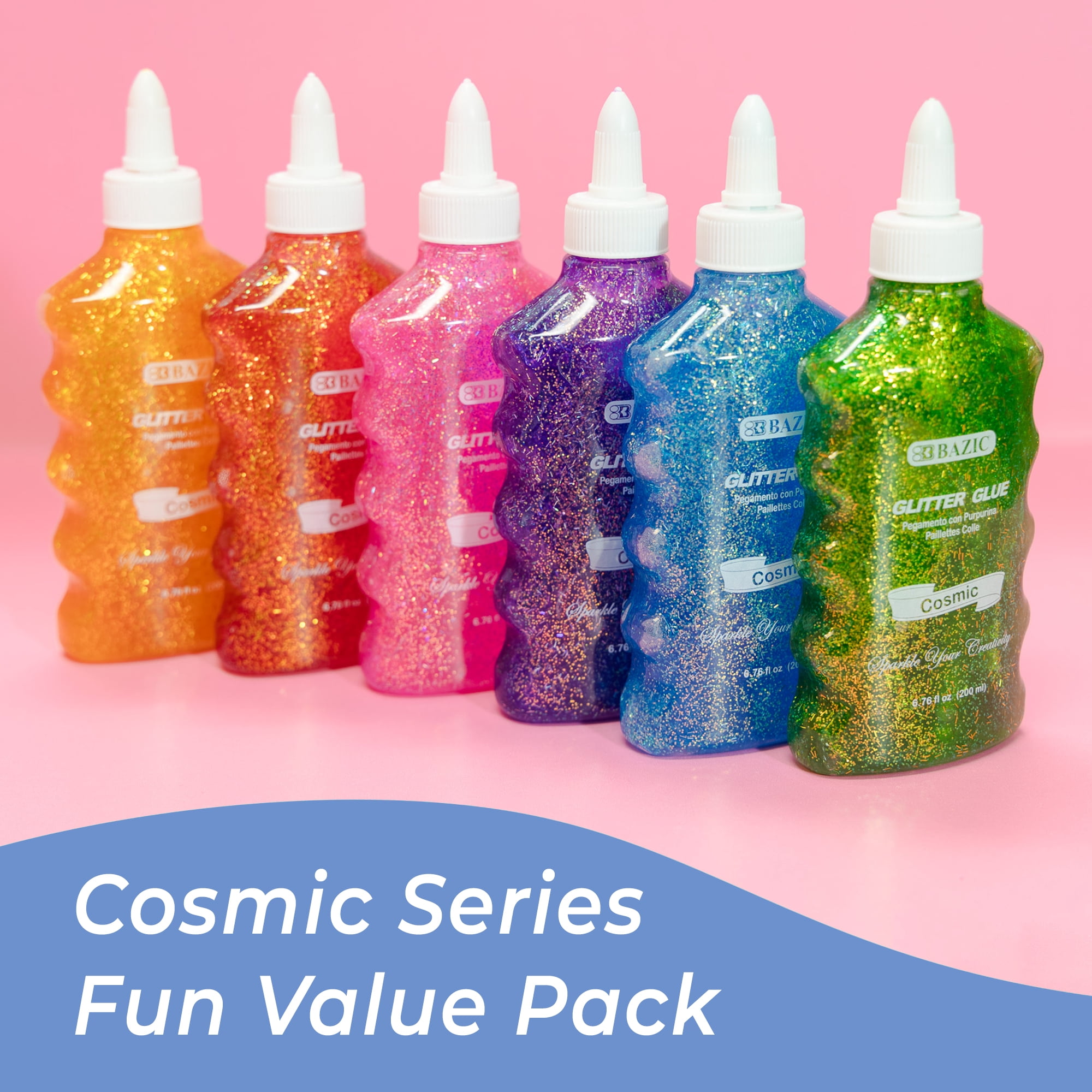 BAZIC Glitter Glue 6 Neon Color Non-Toxic (6.8oz/Pack), 6-Packs