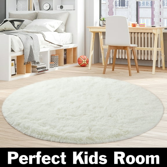 Ultra Soft Round Area Rug for Bedroom, Fluffy Plush Circle Rug for Kids Rooms Living Room Playroom Dorm, Creamy-White