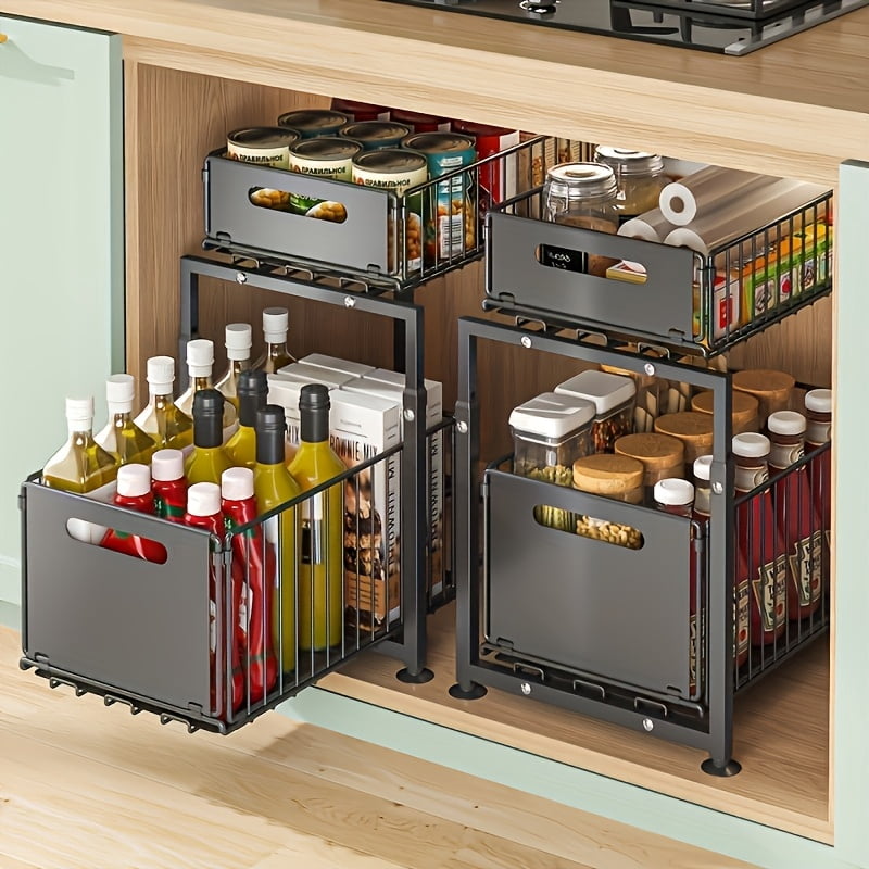 2-Tier Under Sink Organizer with Sliding Drawer, Heavy Duty Carbon Steel Storage Rack for Kitchen & Bathroom, Adjustable Shelves with Hooks for Utensils, Cleaning Supplies and Spices