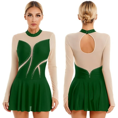 YONGHS Womens Long Sleeve Mesh Spice Figure Ice Skating Dress Shiny Mock Neck Ballet Dance Dress Green L