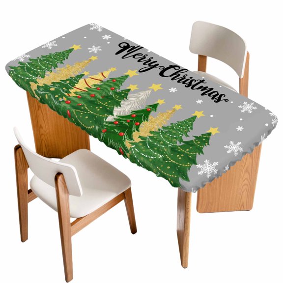 Grey Christmas Table Cloths for 3 Foot Rectangle Tables, Green Xmas Tree Snowflake Stars Winter Patio Waterproof Elastic Fitted Tablecloths, Washable Rectangular Table Cover for Camping