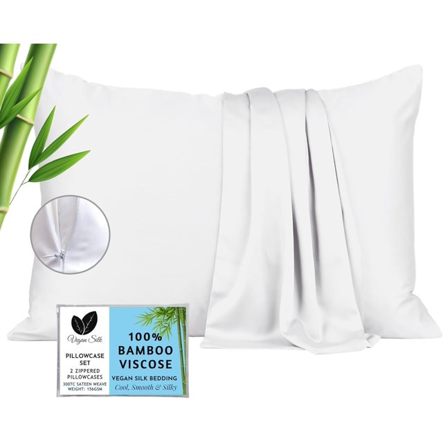 Fundas de almohada de seda vegana 100% viscosa Bamboo Queen White x2