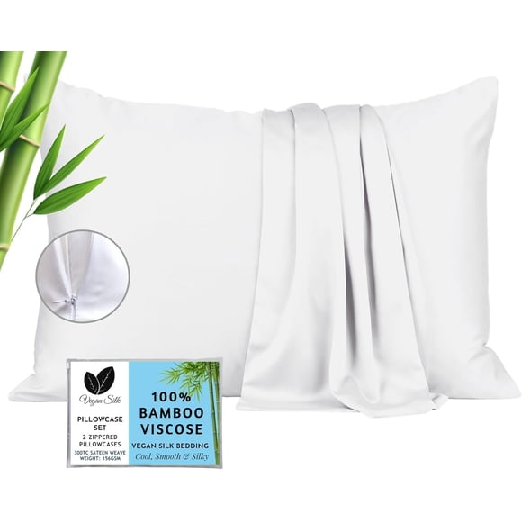 Fundas de almohada de seda vegana 100% viscosa Bamboo Queen White x2
